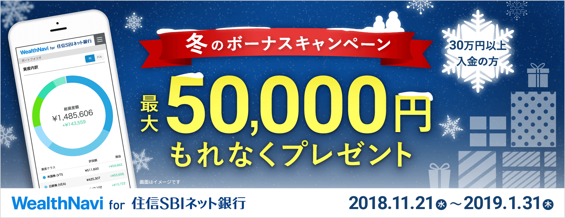 冬のボーナスキャンペーン 30万円以上入金の方 最大50,000円もれなくプレゼント