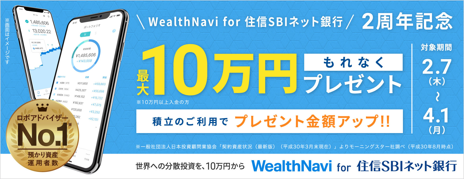 「WealthNavi for 住信SBIネット銀行」2周年記念 もれなく最大10万円プレゼントキャンペーン