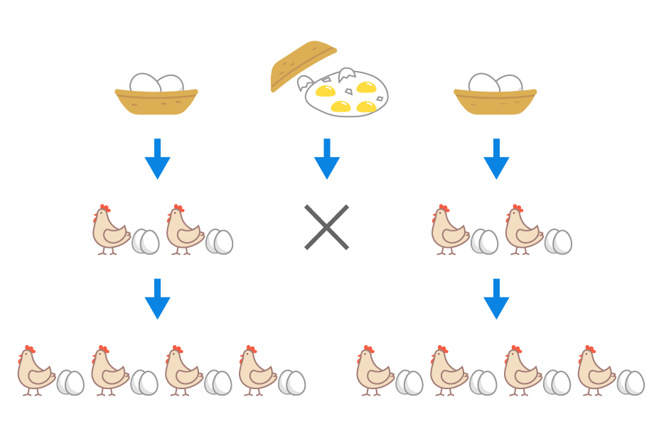 割れずに残ったカゴの卵は鶏となり、また卵を産む