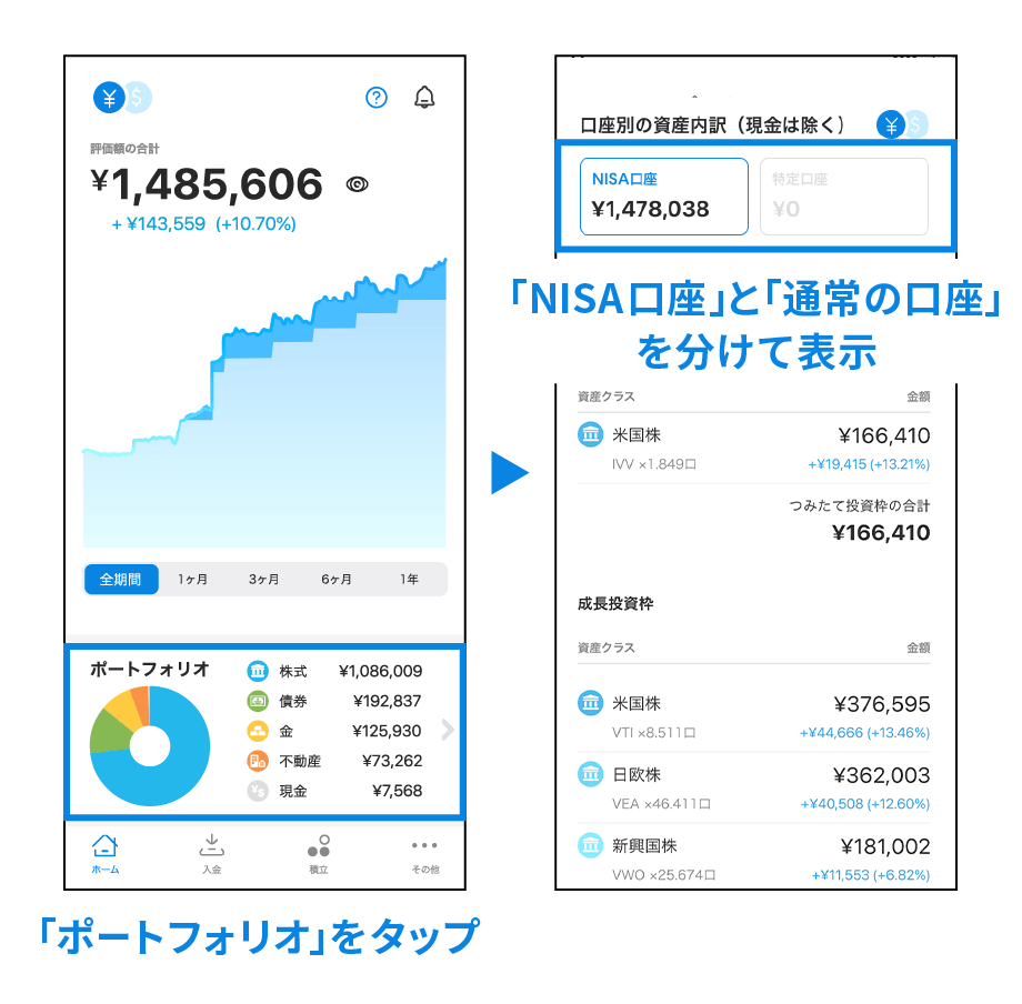 ポートフォリオ画面で口座別の資産の内訳を確認